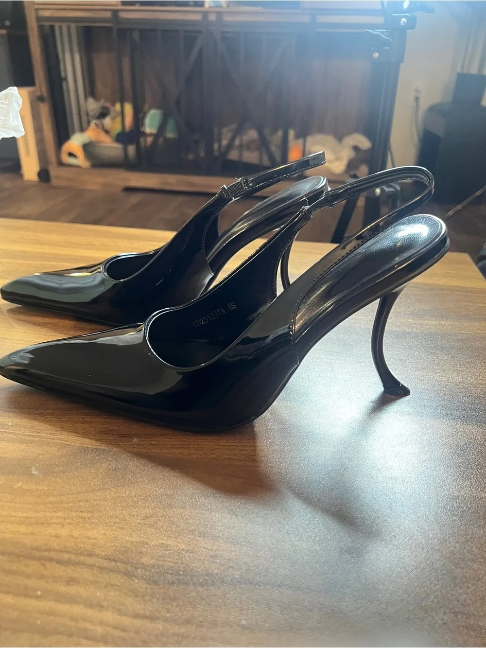 Black Patent Slingback Pointed-Toe Heels